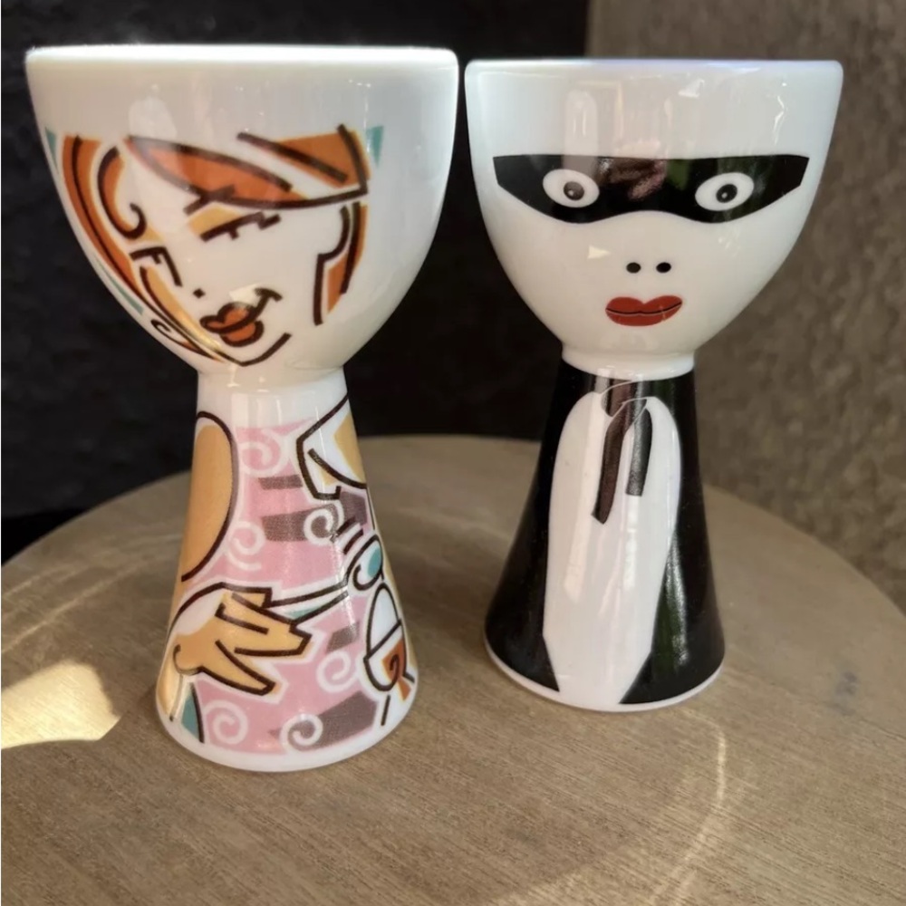 Ritzenhoff 2 Egg Holders Masked Man & Women Rare. Looks Very Retro